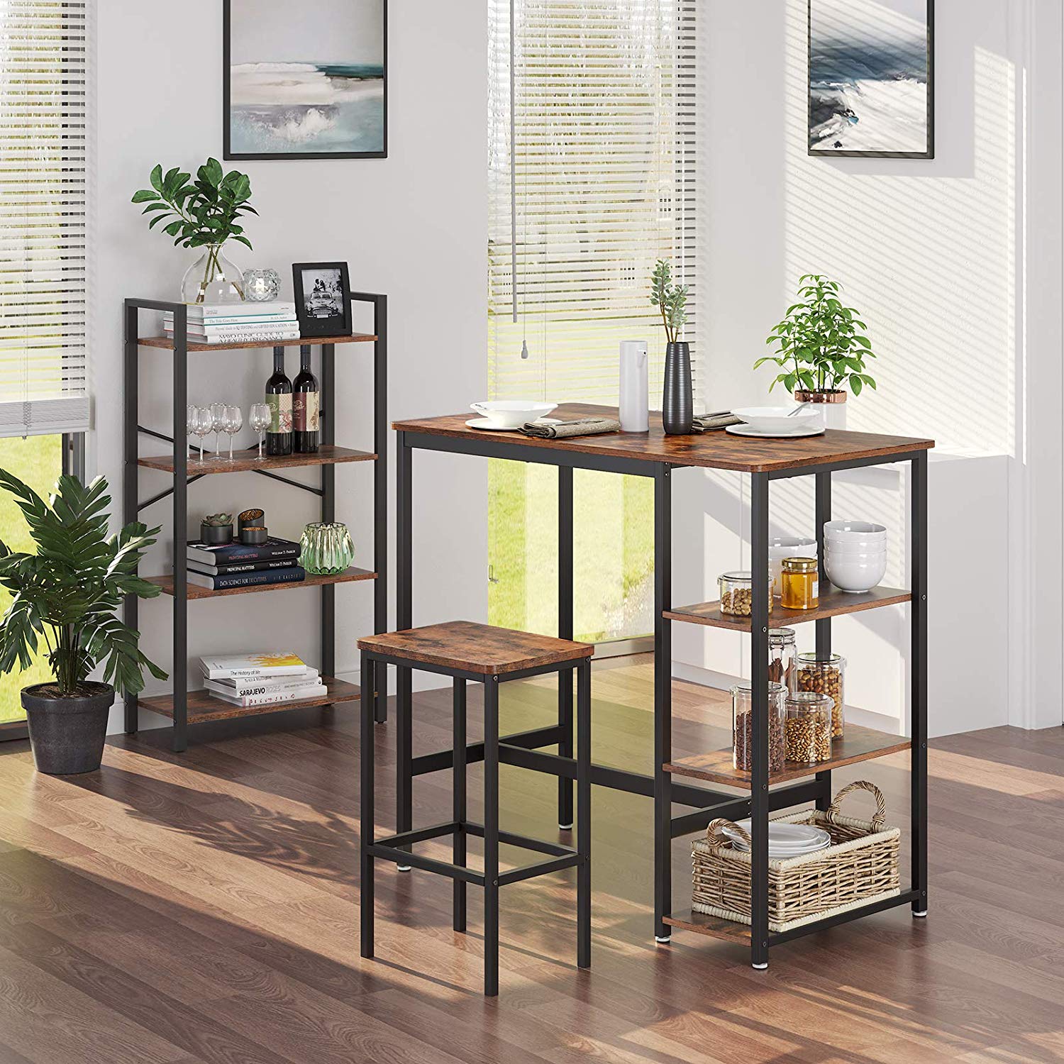 Industrial Bar Table – Iron – Rustic Brown – Stable Structure with 3 Shelves