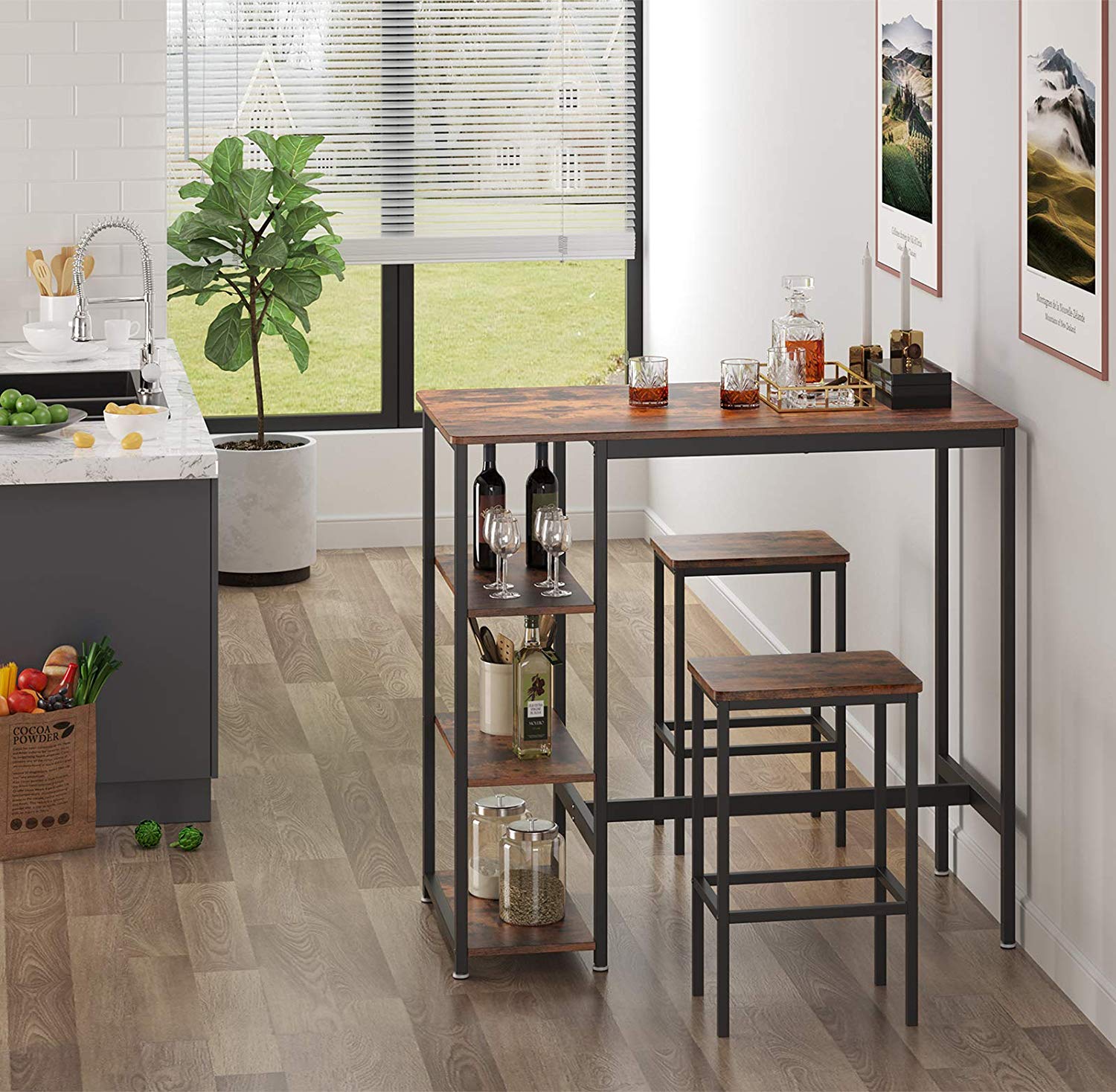 Industrial Bar Table – Iron – Rustic Brown – Stable Structure with 3 Shelves
