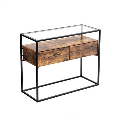 Industrial Console Table – Tempered Glass – Rustic – 2 Drawers with Stable Iron Frame