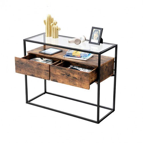 Industrial Console Table – Tempered Glass – Rustic – 2 Drawers with Stable Iron Frame