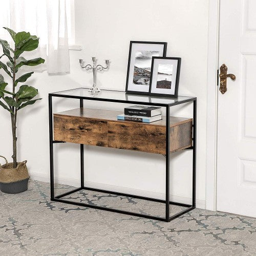 Industrial Console Table – Tempered Glass – Rustic – 2 Drawers with Stable Iron Frame