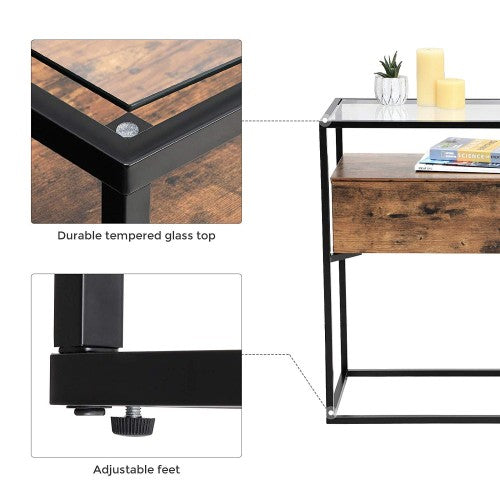 Industrial Console Table – Tempered Glass – Rustic – 2 Drawers with Stable Iron Frame