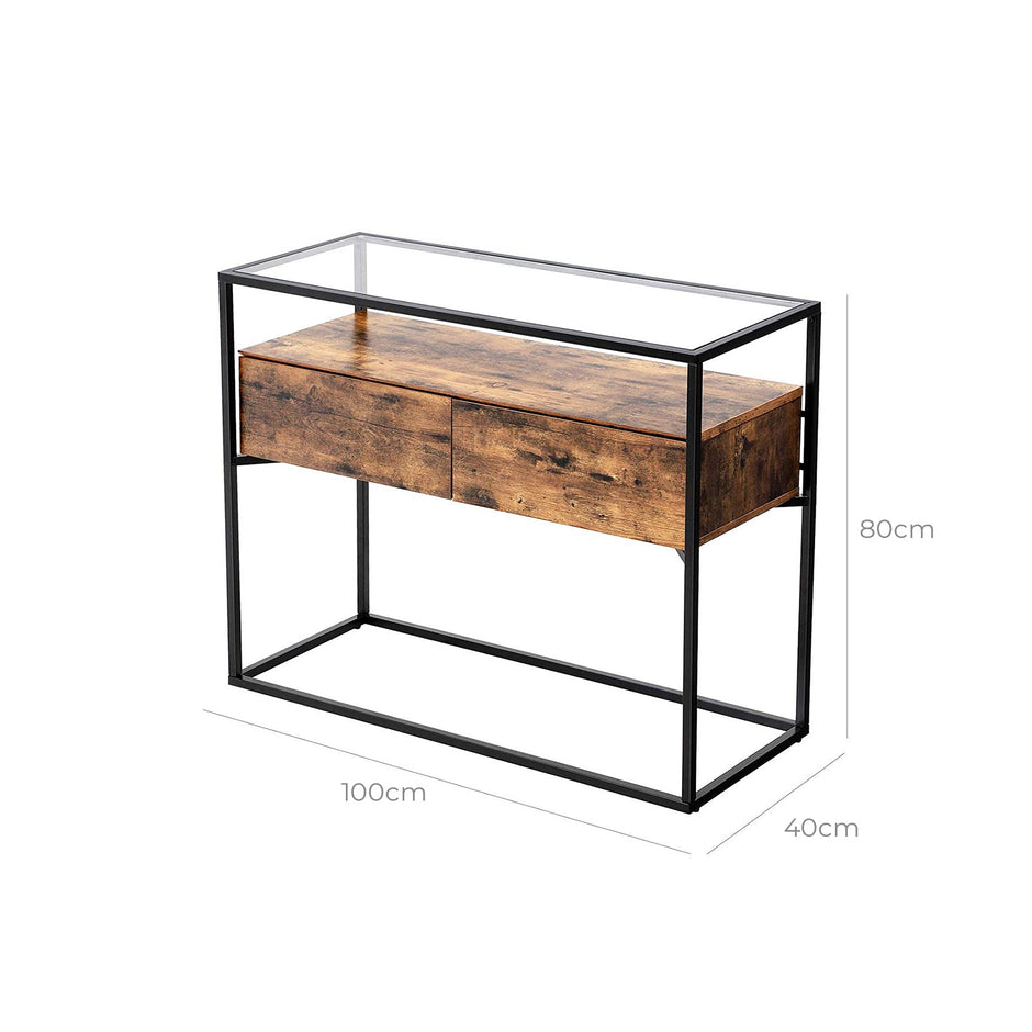 Industrial Console Table – Tempered Glass – Rustic – 2 Drawers with Stable Iron Frame