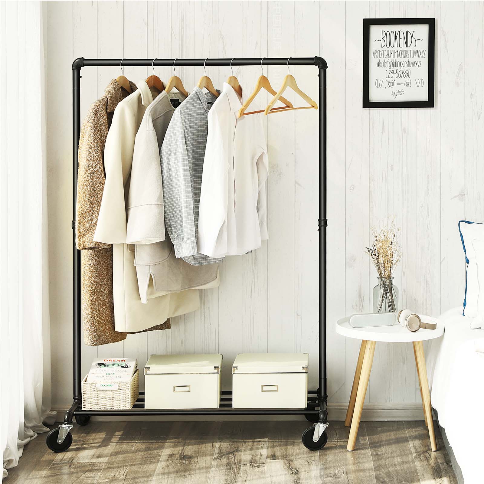 Heavy Duty Metal Clothes Rack – Black – Mobile Design with Shelf – Holds 90 kg