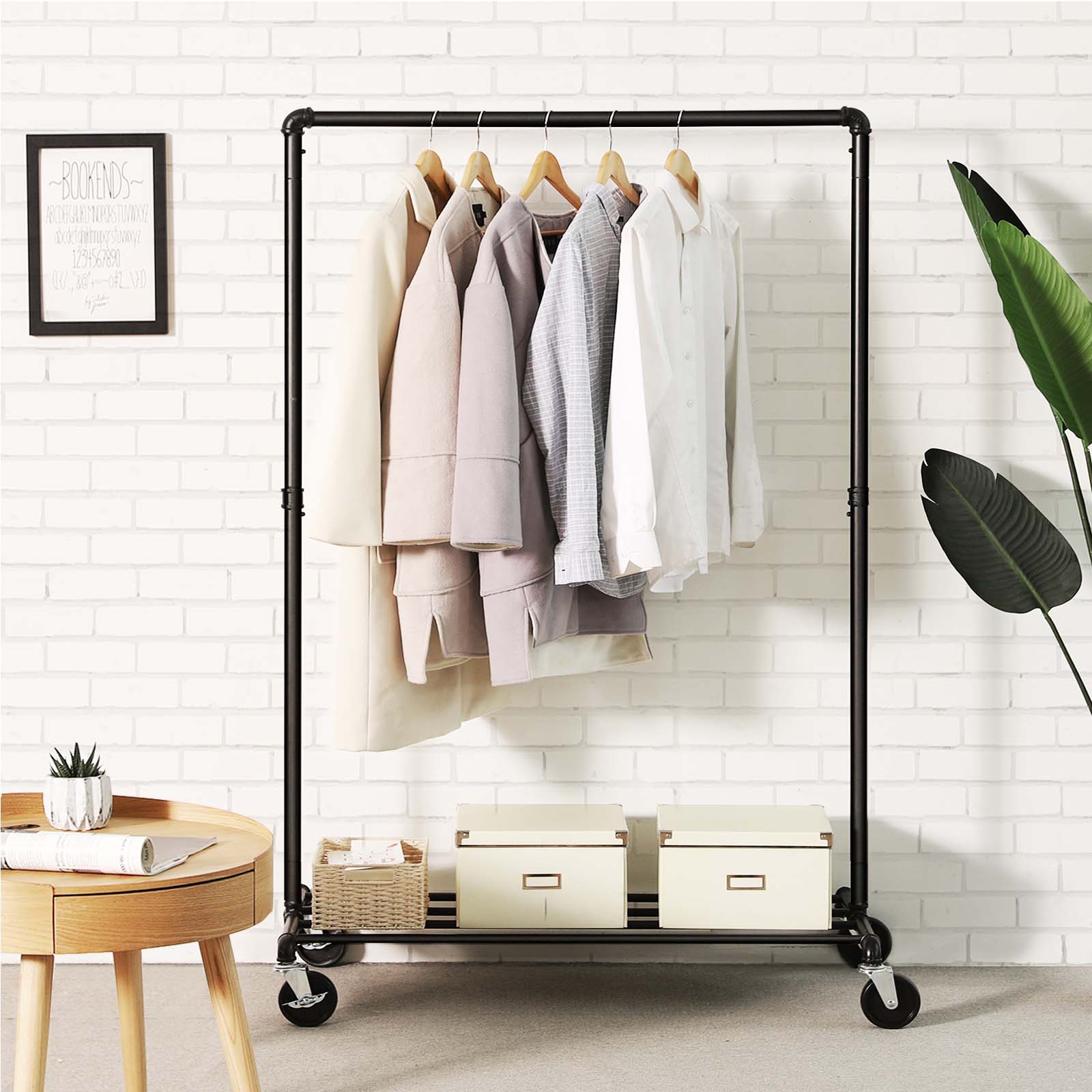 Heavy Duty Metal Clothes Rack – Black – Mobile Design with Shelf – Holds 90 kg