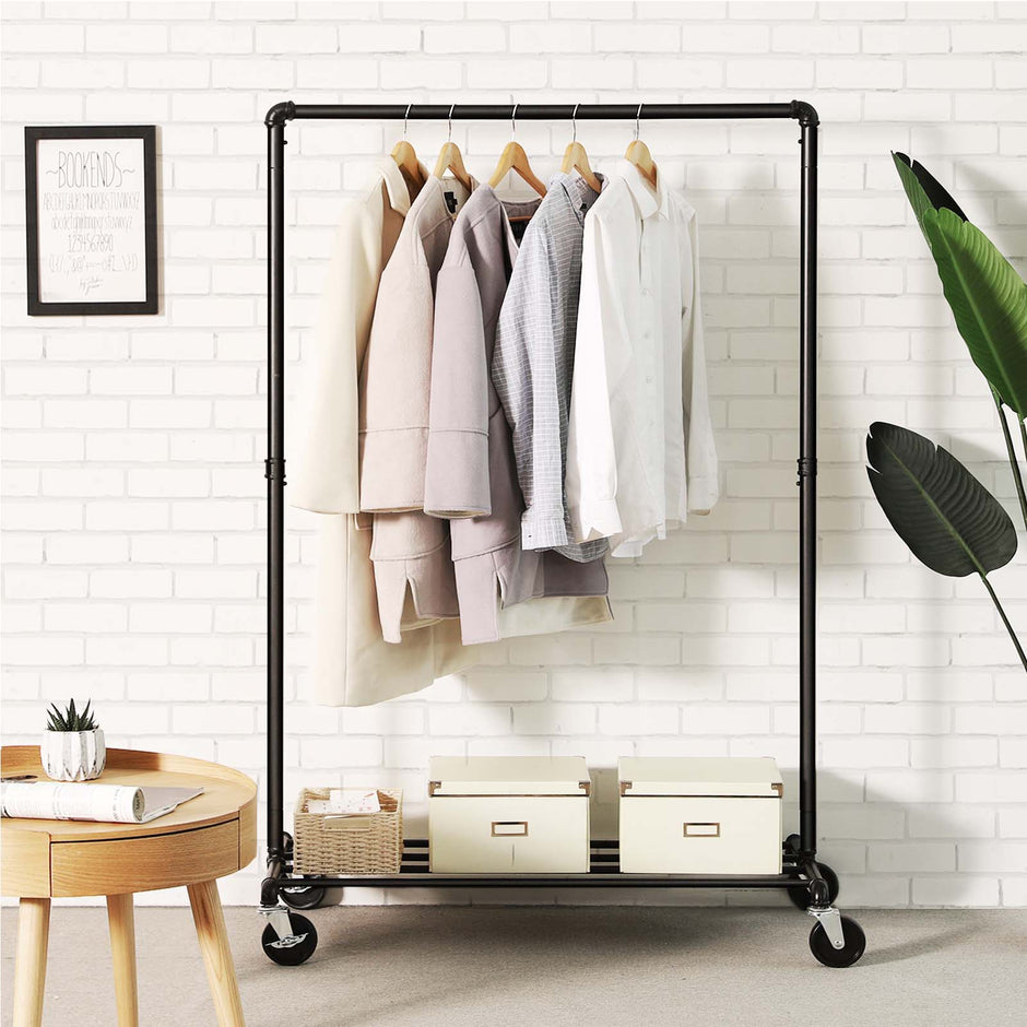 Heavy Duty Metal Clothes Rack – Black – Mobile Design with Shelf – Holds 90 kg