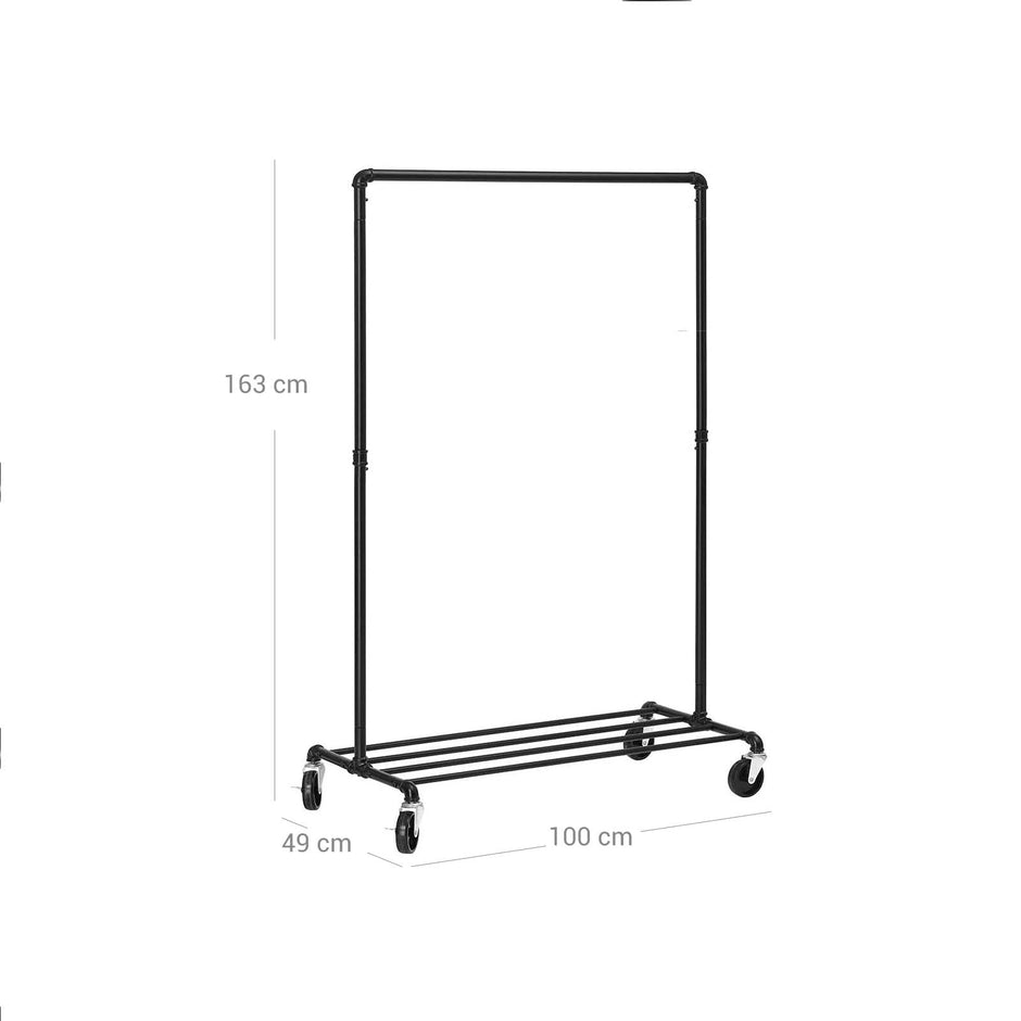 Heavy Duty Metal Clothes Rack – Black – Mobile Design with Shelf – Holds 90 kg