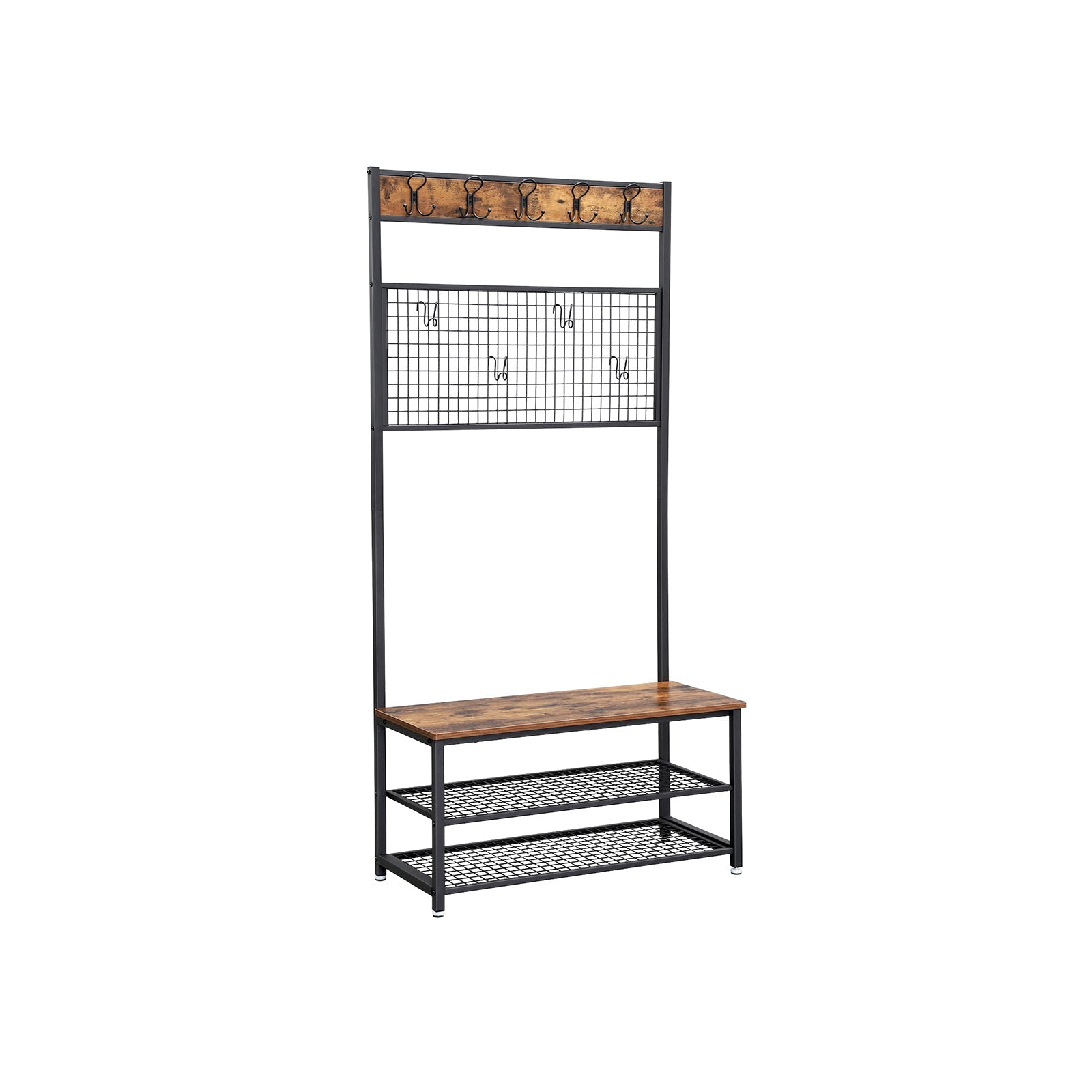 Industrial Shoe Rack Bench – Metal and Wood – Rustic Brown – With Grid Memo Board and 9 Hooks