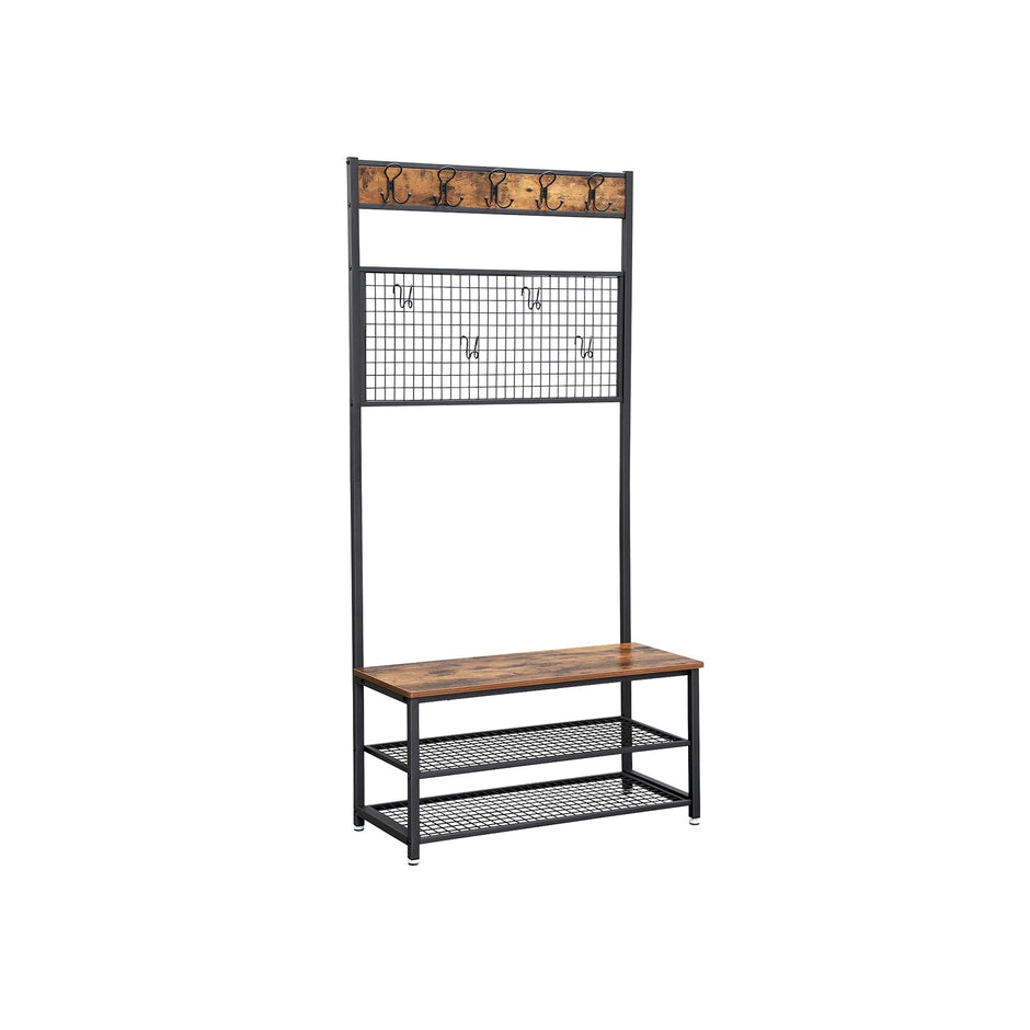 Industrial Shoe Rack Bench – Metal and Wood – Rustic Brown – With Grid Memo Board and 9 Hooks