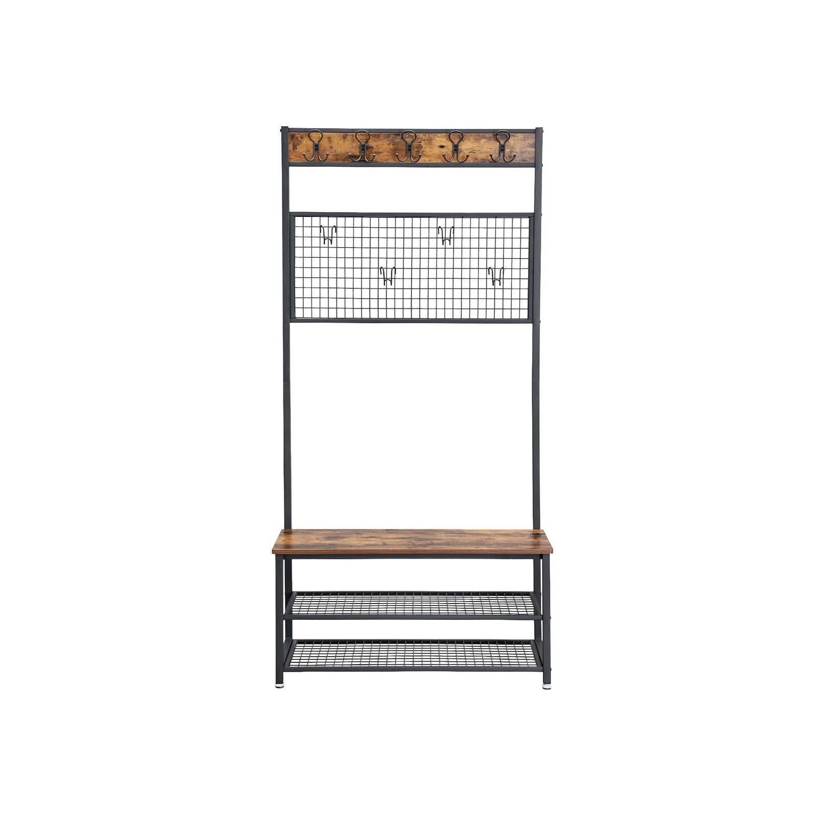 Industrial Shoe Rack Bench – Metal and Wood – Rustic Brown – With Grid Memo Board and 9 Hooks