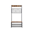 Industrial Shoe Rack Bench – Metal and Wood – Rustic Brown – With Grid Memo Board and 9 Hooks