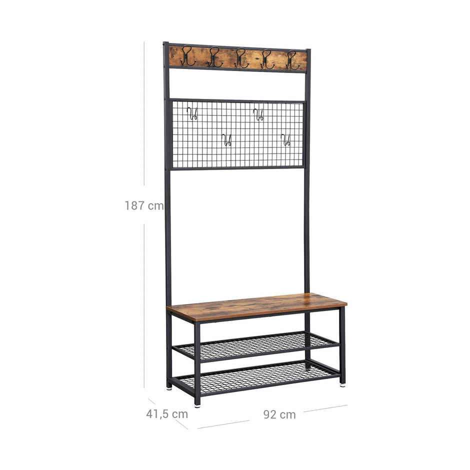 Industrial Shoe Rack Bench – Metal and Wood – Rustic Brown – With Grid Memo Board and 9 Hooks