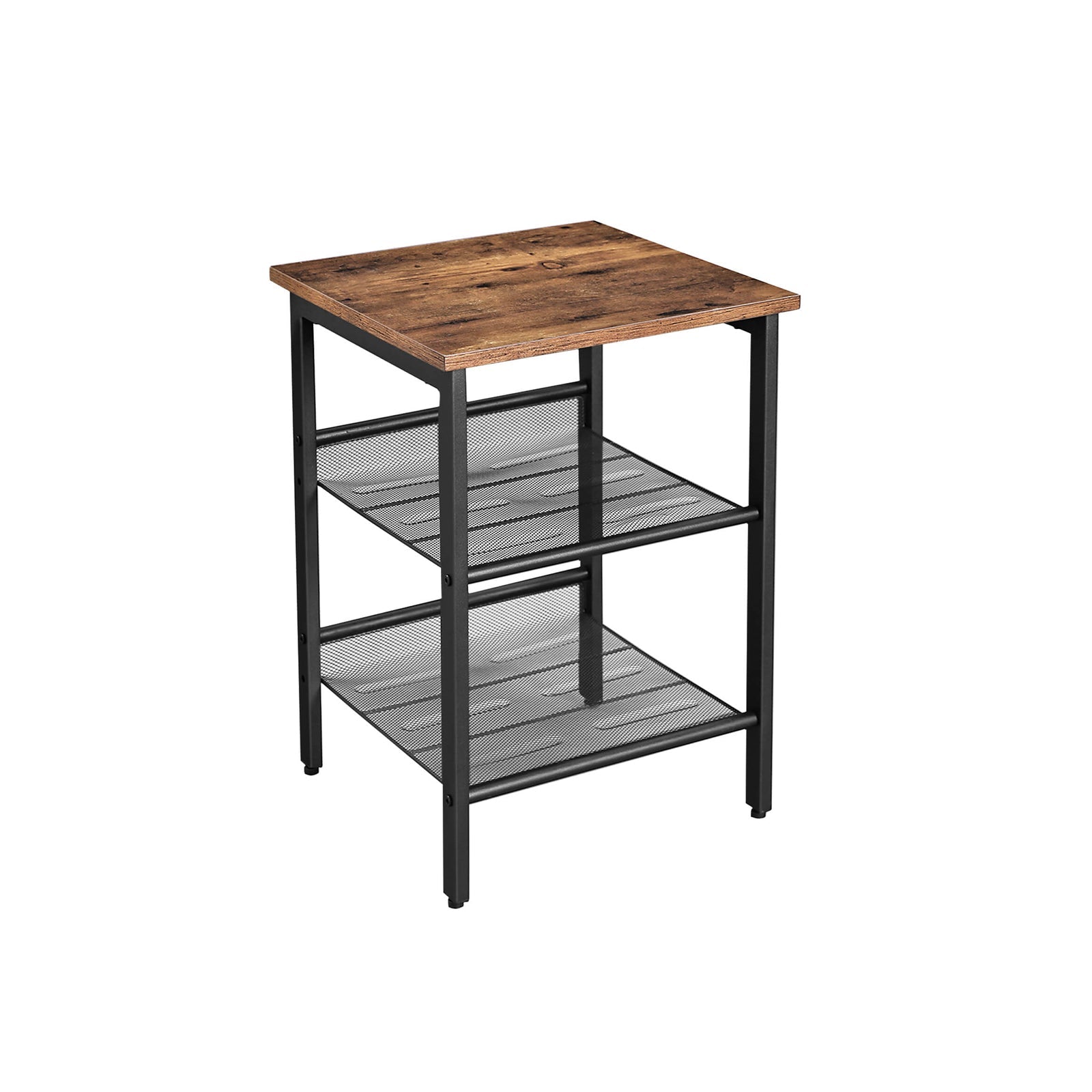 Industrial Side Table – Metal and Wood – Rustic Brown – Adjustable Mesh Shelves