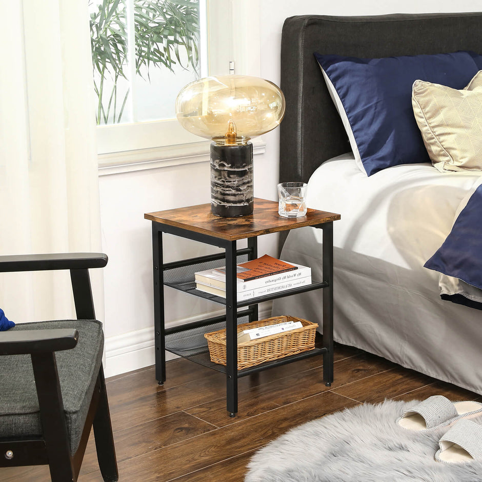 Industrial Side Table – Metal and Wood – Rustic Brown – Adjustable Mesh Shelves