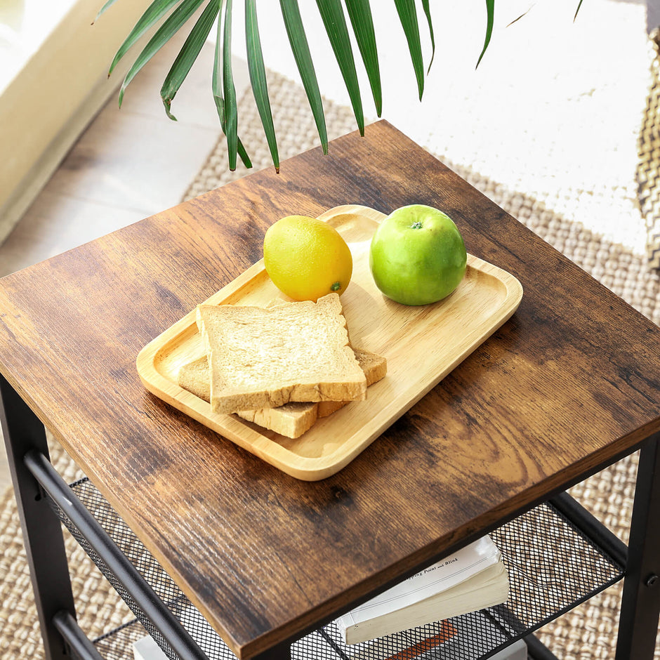 Industrial Side Table – Metal and Wood – Rustic Brown – Adjustable Mesh Shelves