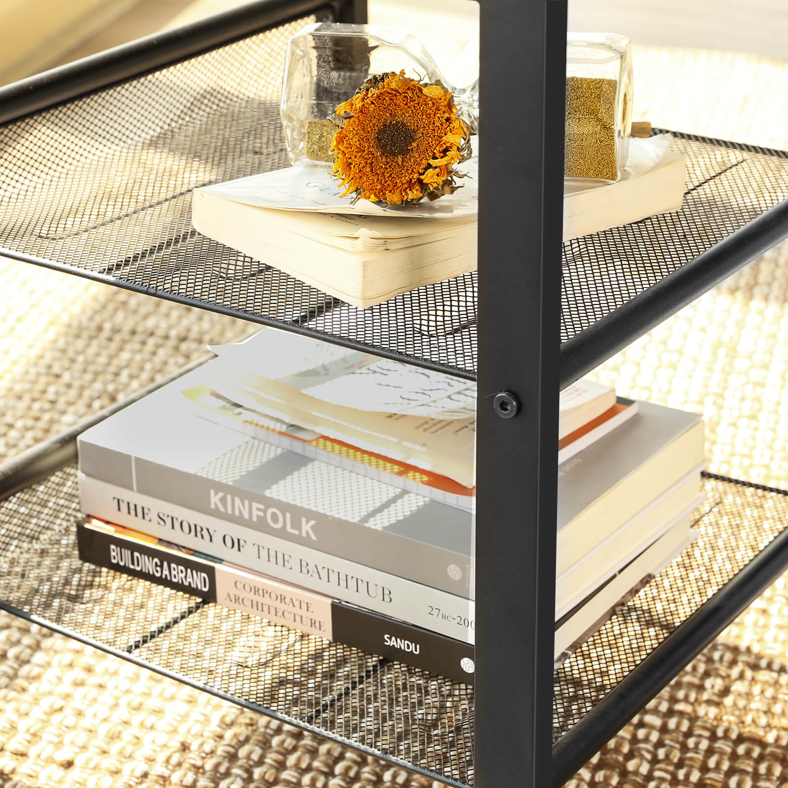 Industrial Side Table – Metal and Wood – Rustic Brown – Adjustable Mesh Shelves