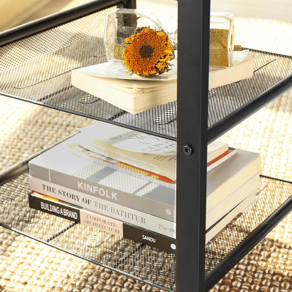 Industrial Side Table – Metal and Wood – Rustic Brown – Adjustable Mesh Shelves