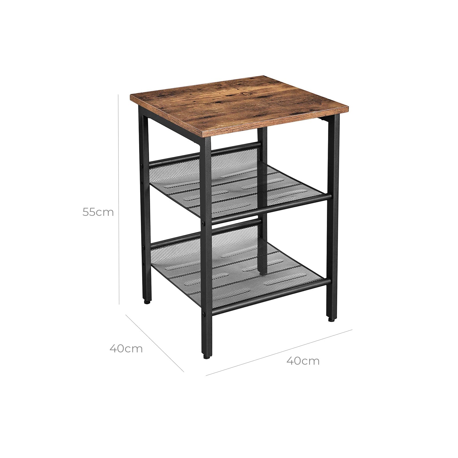 Industrial Side Table – Metal and Wood – Rustic Brown – Adjustable Mesh Shelves