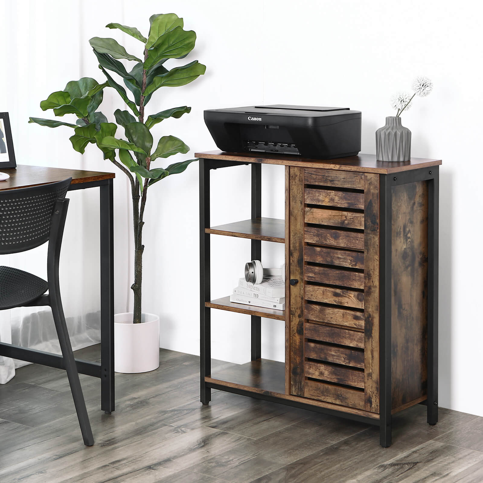 Industrial Storage Cabinet – Wood – Rustic Brown – Floor Standing with 3 Shelves and Cupboard