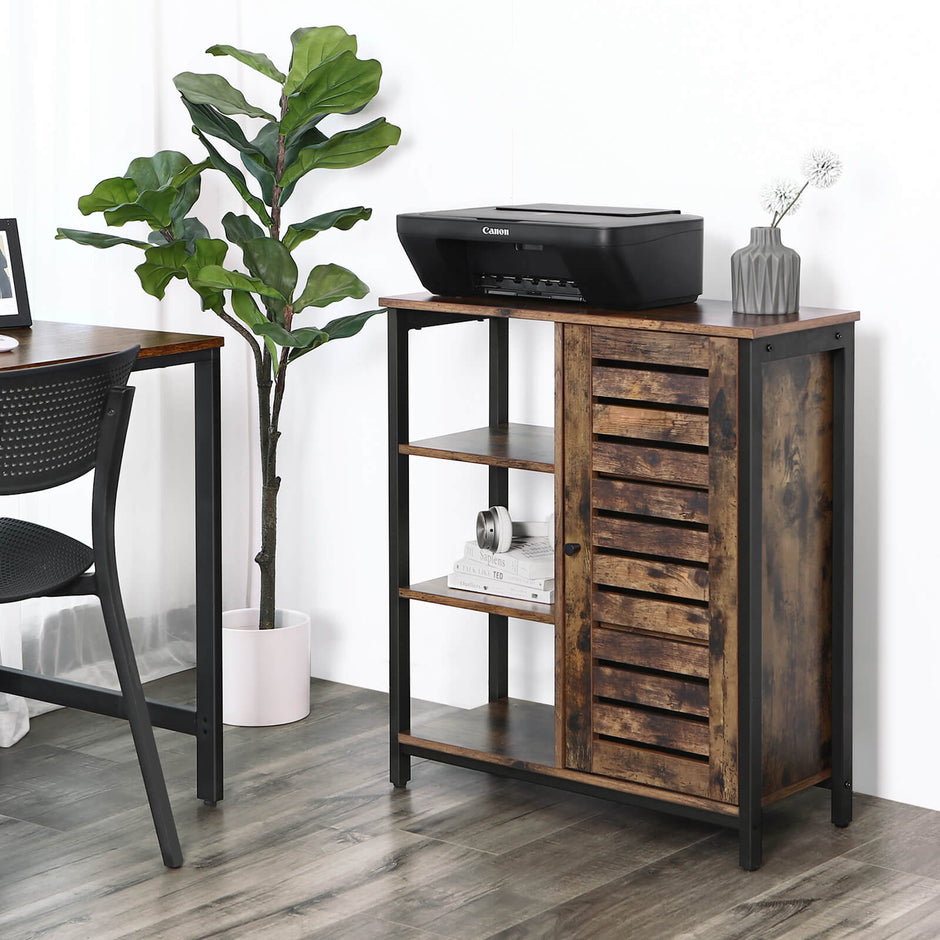 Industrial Storage Cabinet – Wood – Rustic Brown – Floor Standing with 3 Shelves and Cupboard