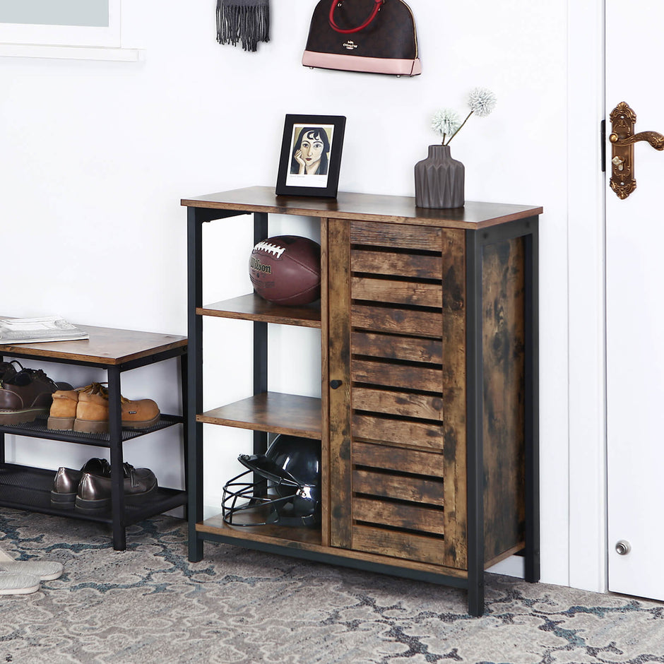 Industrial Storage Cabinet – Wood – Rustic Brown – Floor Standing with 3 Shelves and Cupboard