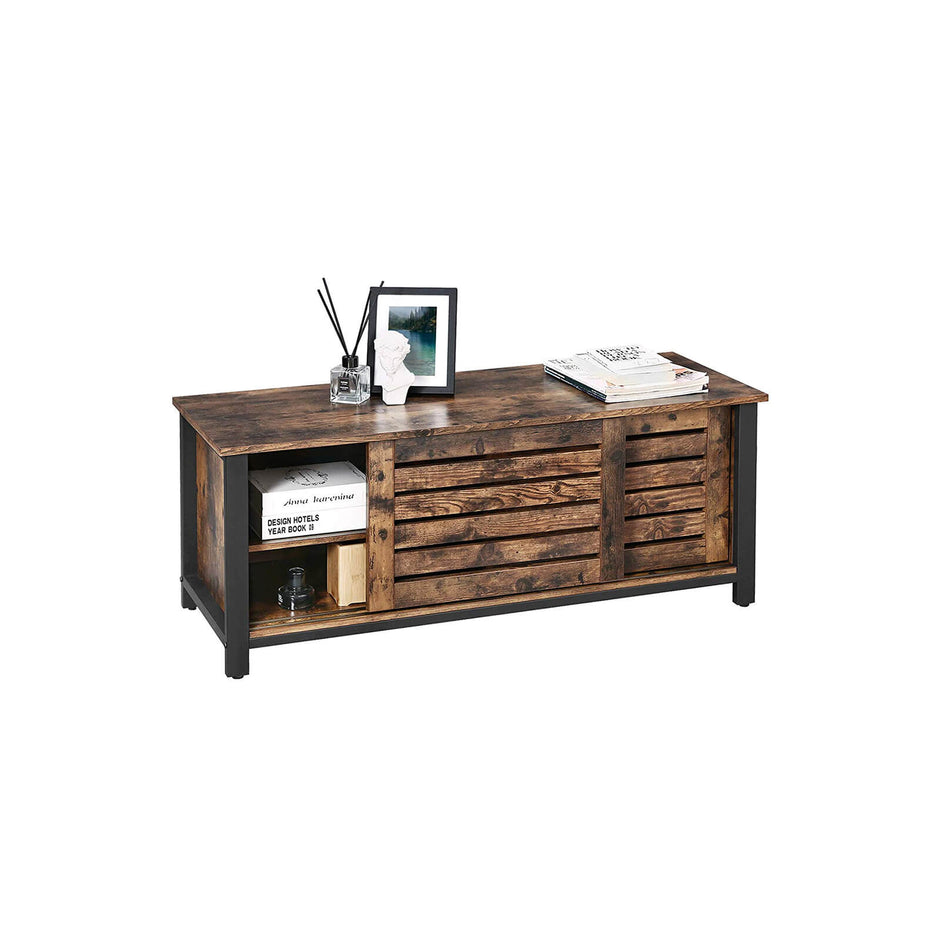 Industrial TV Media Stand – Iron – Rustic Brown – Sliding Doors and 2 Shelves
