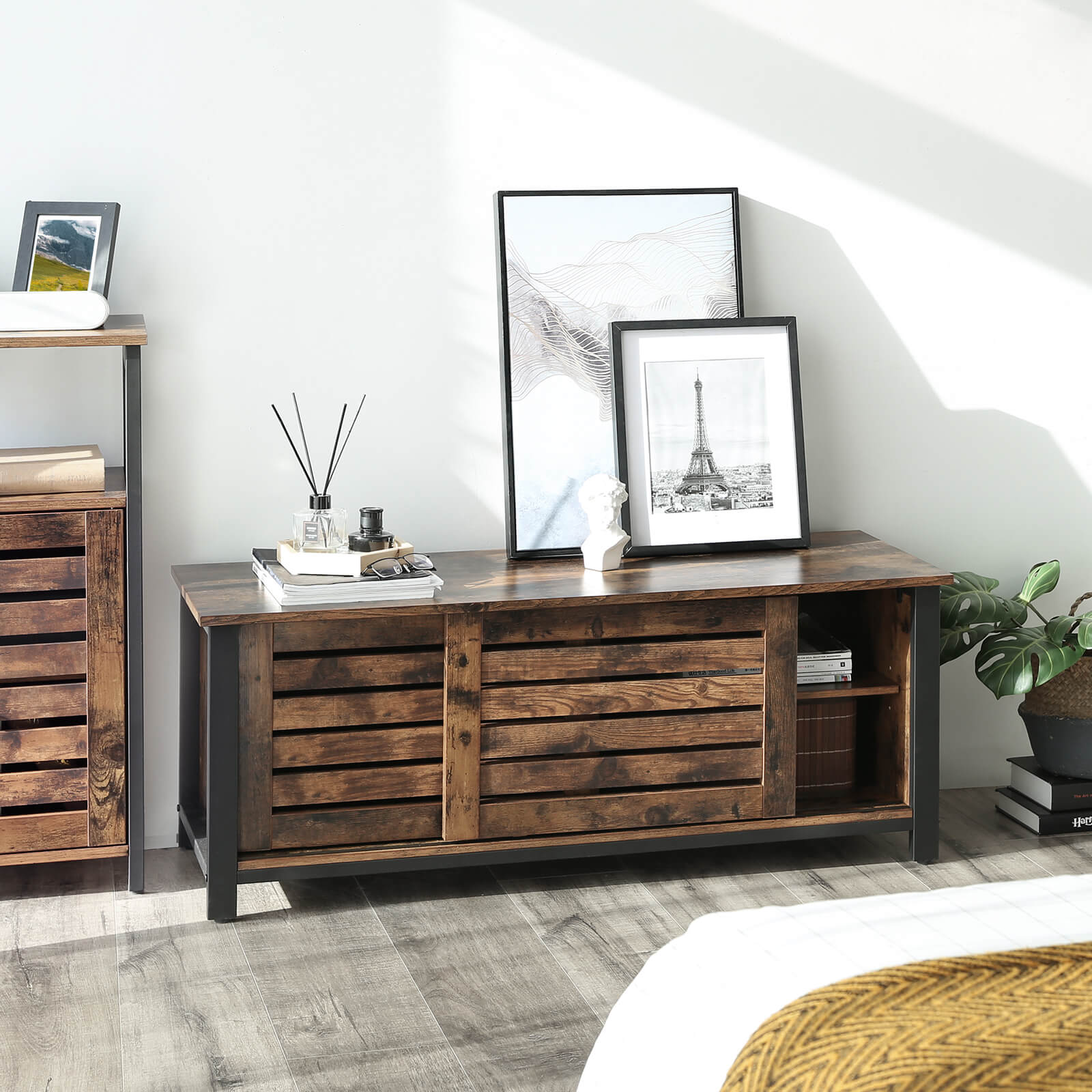 Industrial TV Media Stand – Iron – Rustic Brown – Sliding Doors and 2 Shelves