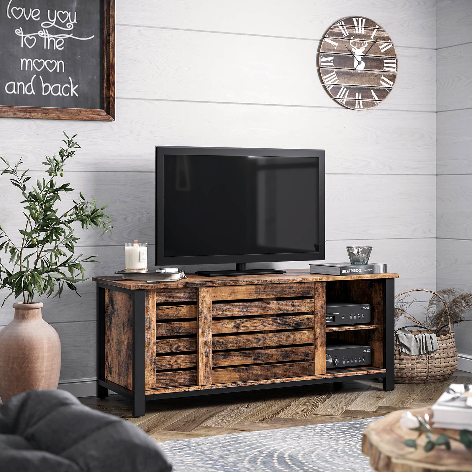 Industrial TV Media Stand – Iron – Rustic Brown – Sliding Doors and 2 Shelves