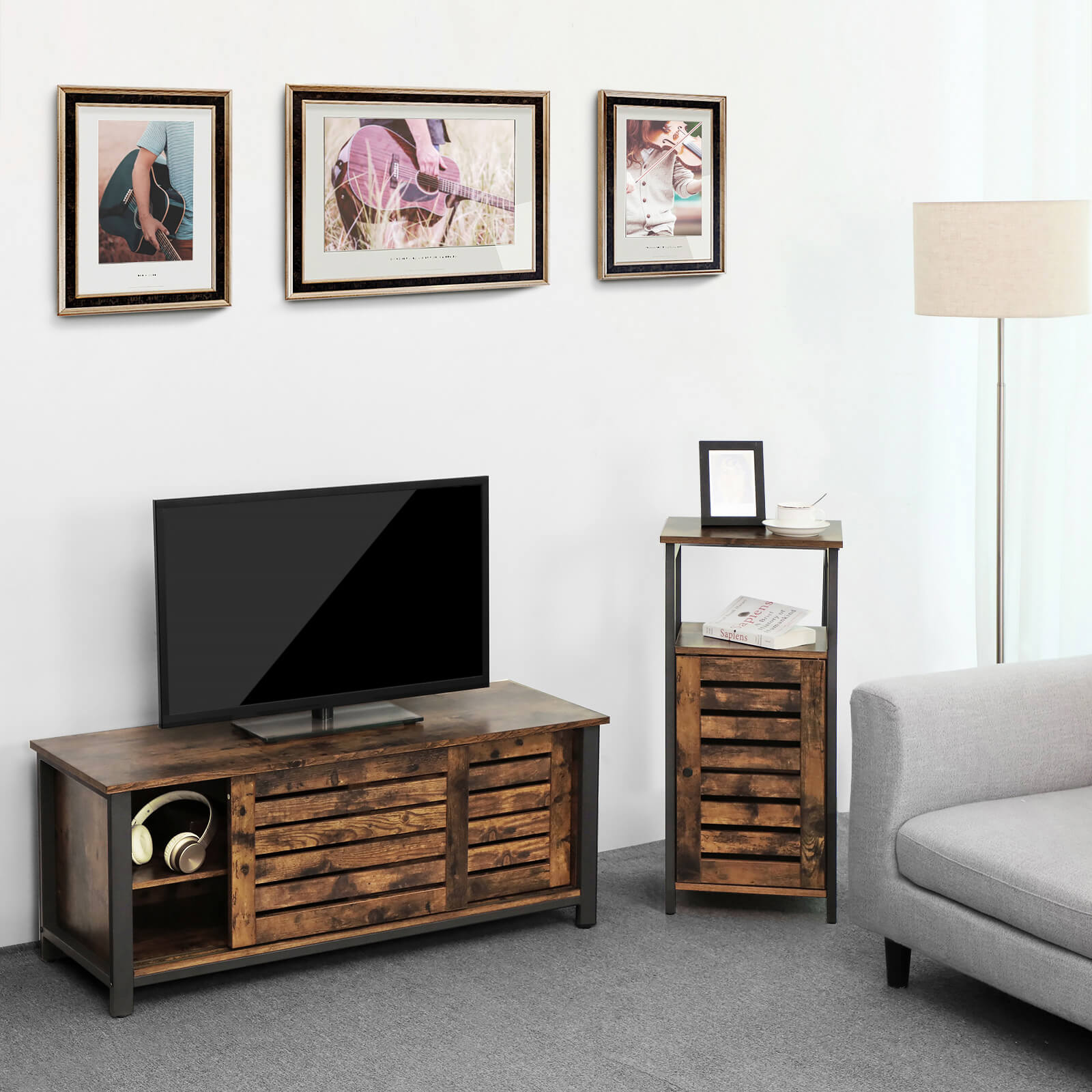 Industrial TV Media Stand – Iron – Rustic Brown – Sliding Doors and 2 Shelves