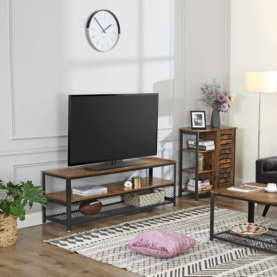 Industrial TV Stand – Wood Grain – Rustic Brown – Lengthened Design with Metal Frame