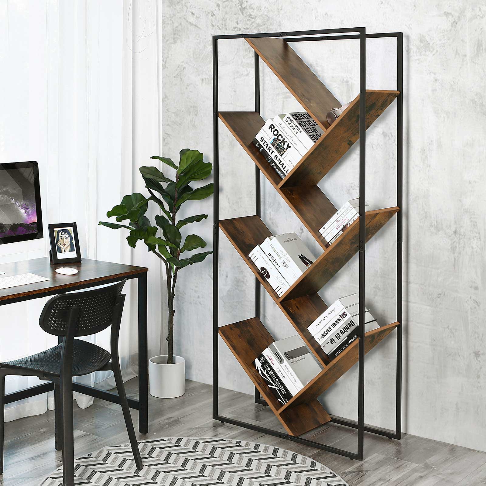 Tree-Shaped Bookcase – Steel – Rustic Brown – Floor Standing, Easy Assembly