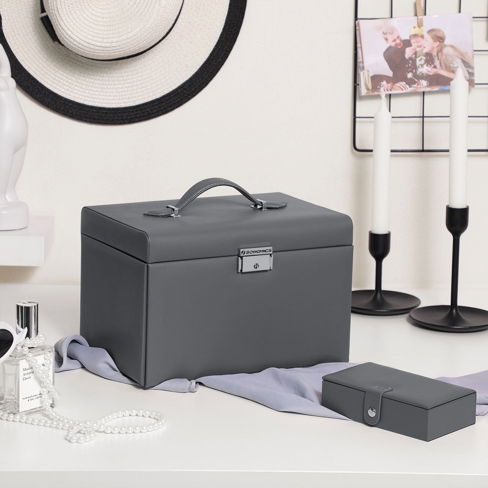 Jewelry Organizer Case – Velvet – Gray – Lockable with Mirror and 2 Drawers