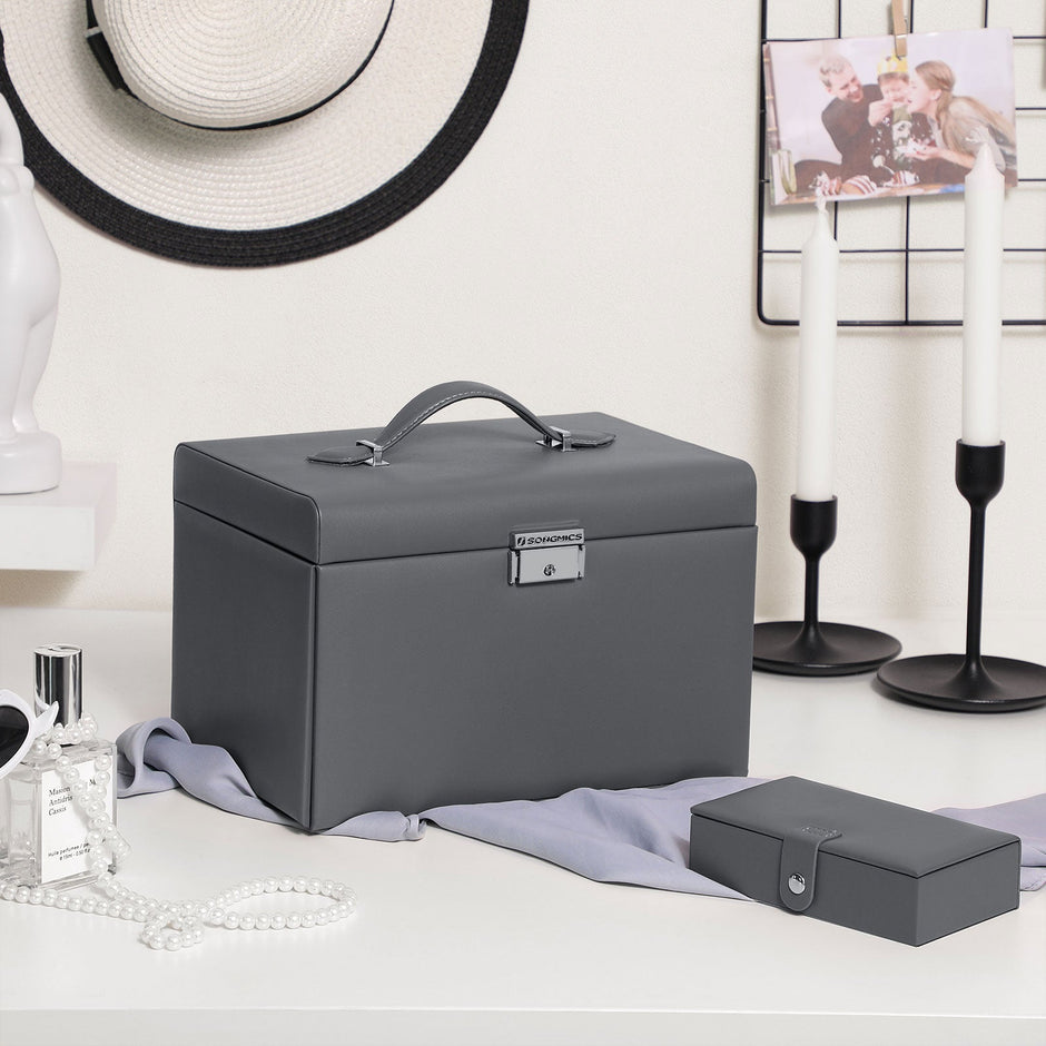 Jewelry Organizer Case – Velvet – Gray – Lockable with Mirror and 2 Drawers