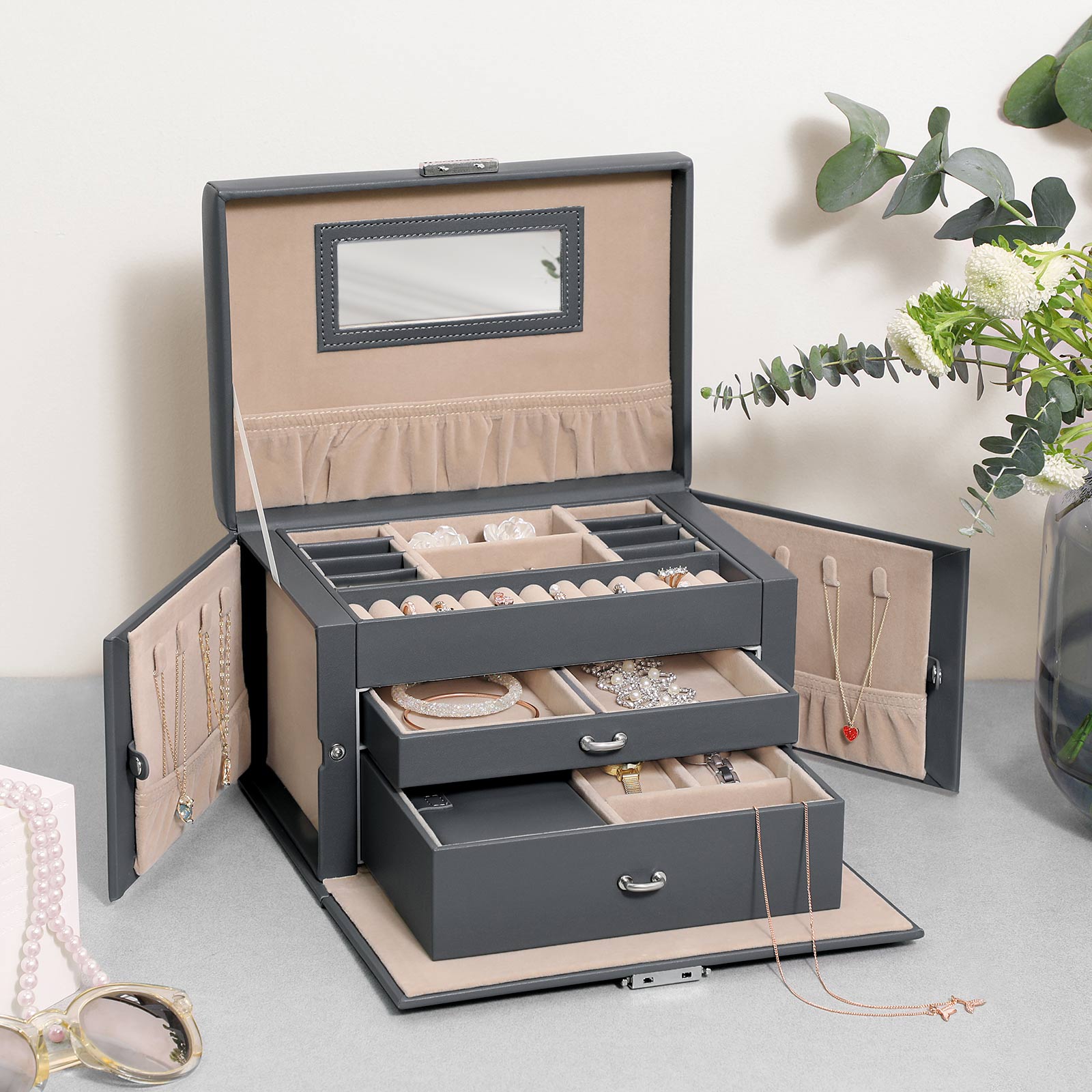 Jewelry Organizer Case – Velvet – Gray – Lockable with Mirror and 2 Drawers