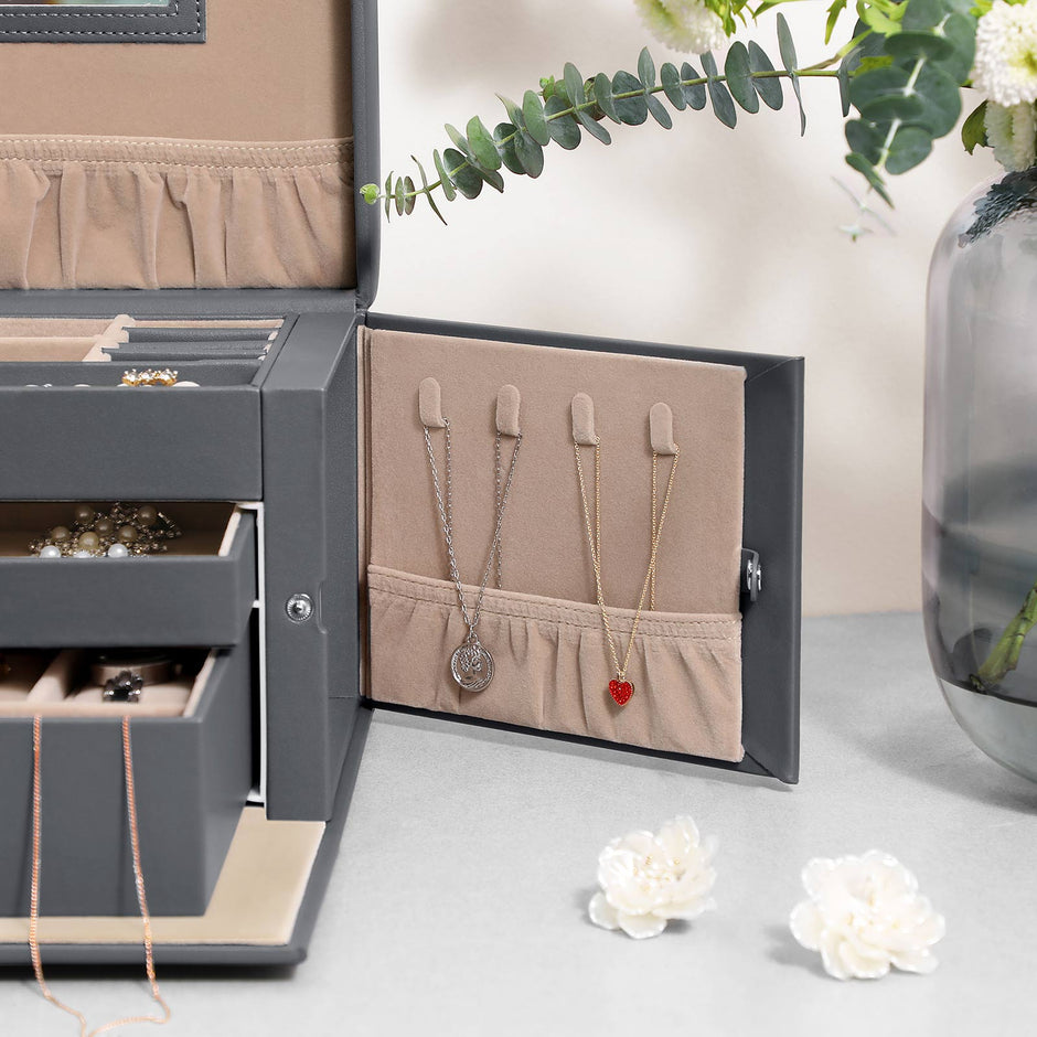 Jewelry Organizer Case – Velvet – Gray – Lockable with Mirror and 2 Drawers