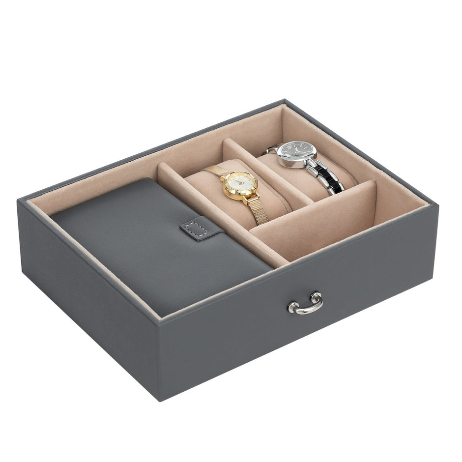Jewelry Organizer Case – Velvet – Gray – Lockable with Mirror and 2 Drawers