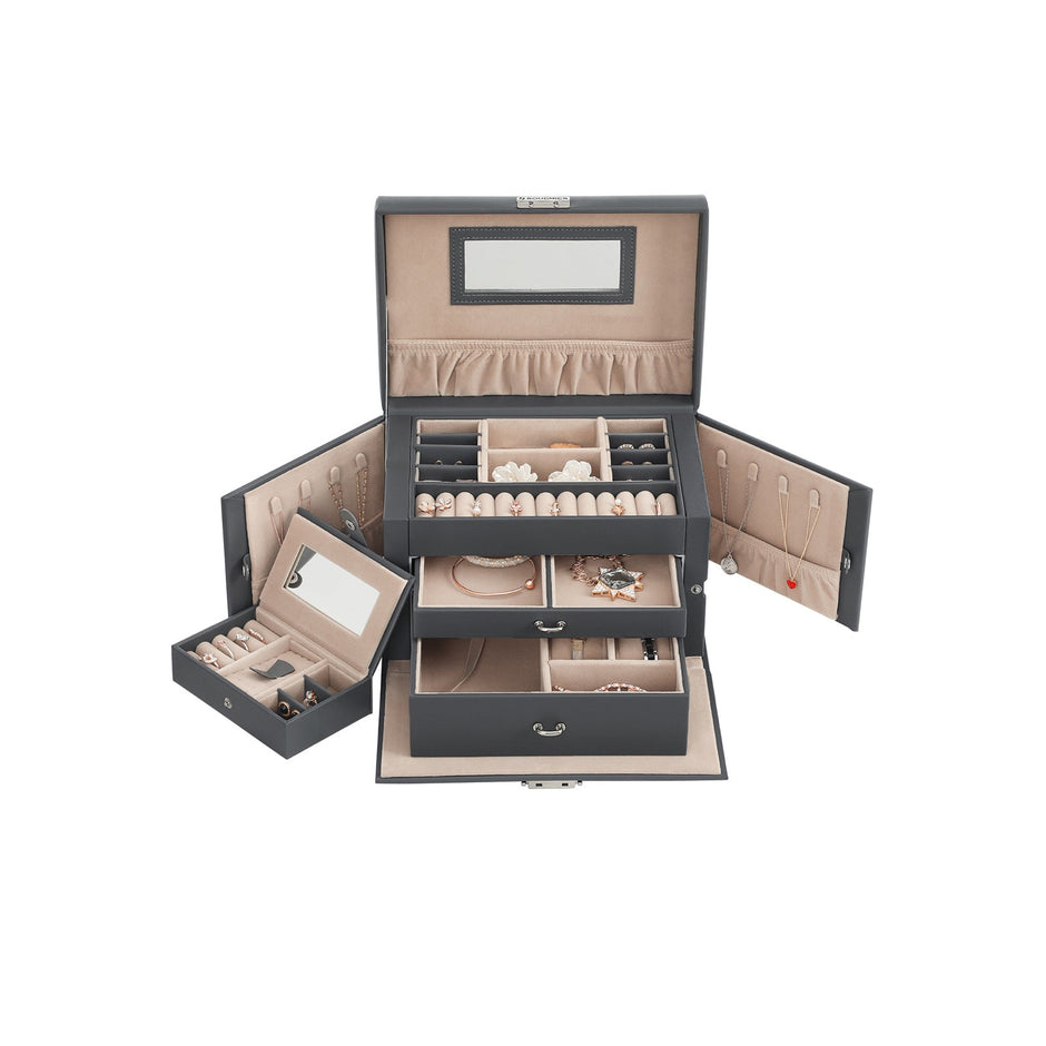 Jewelry Organizer Case – Velvet – Gray – Lockable with Mirror and 2 Drawers