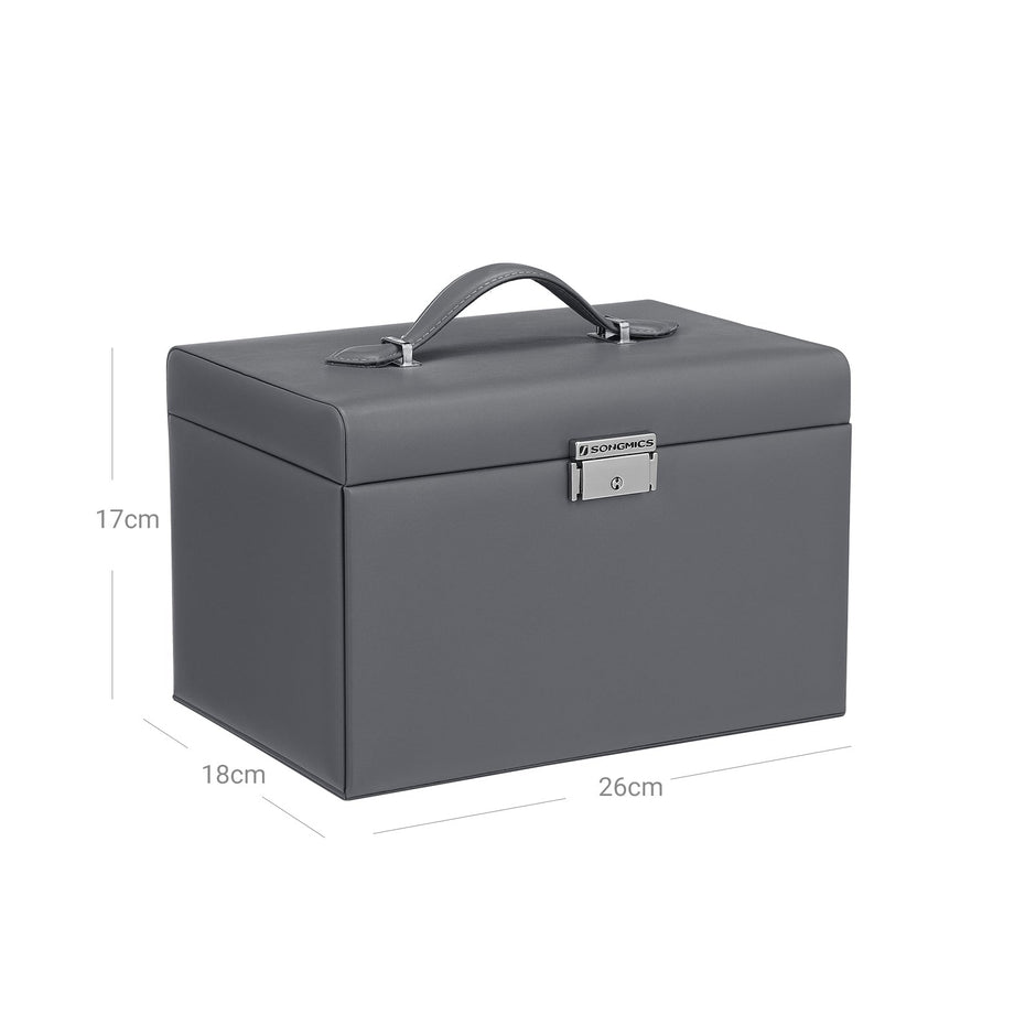 Jewelry Organizer Case – Velvet – Gray – Lockable with Mirror and 2 Drawers