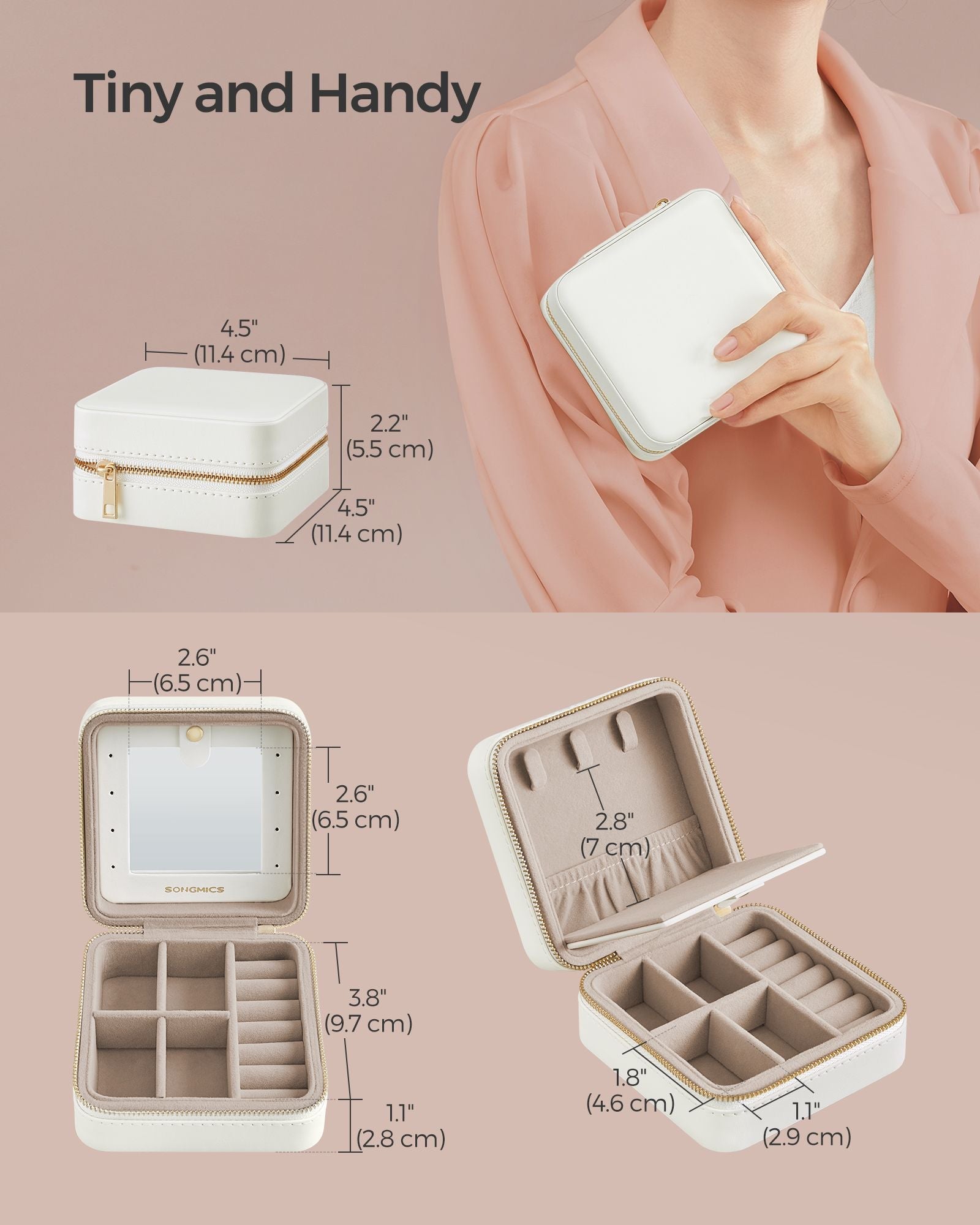Travel Jewellery Box – PU Leather – 11.4 x 11.4 x 5.5 cm – Interior Mirror