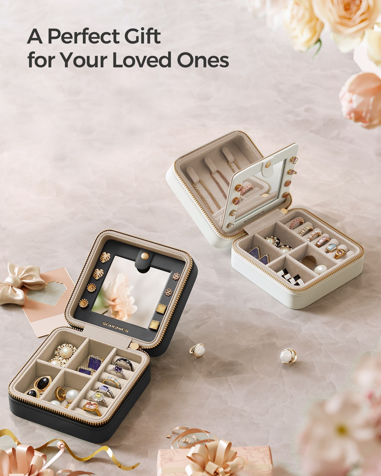 Travel Jewellery Box – PU Leather – 11.4 x 11.4 x 5.5 cm – Interior Mirror