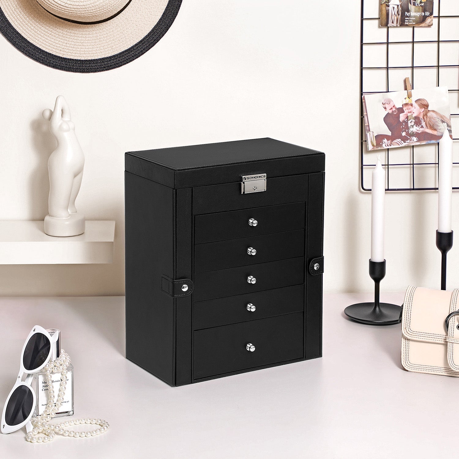 Large Jewellery Box – MDF – White – 6-Tier with Side Wings, Drawers, Mirror, and Clasp