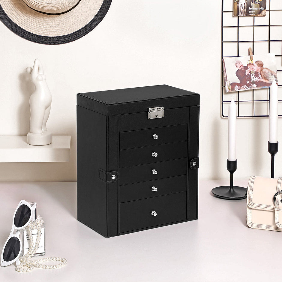Large Jewellery Box – MDF – White – 6-Tier with Side Wings, Drawers, Mirror, and Clasp