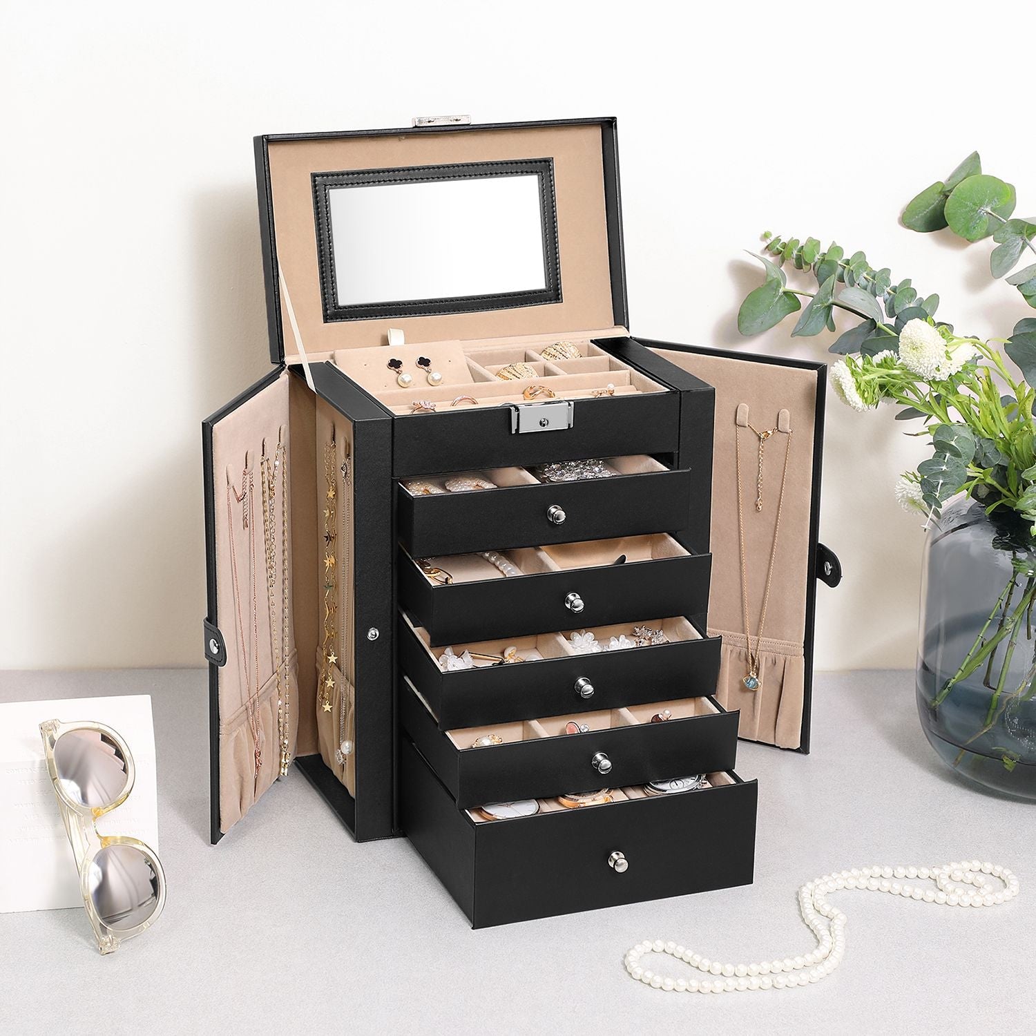 Large Jewellery Box – MDF – White – 6-Tier with Side Wings, Drawers, Mirror, and Clasp