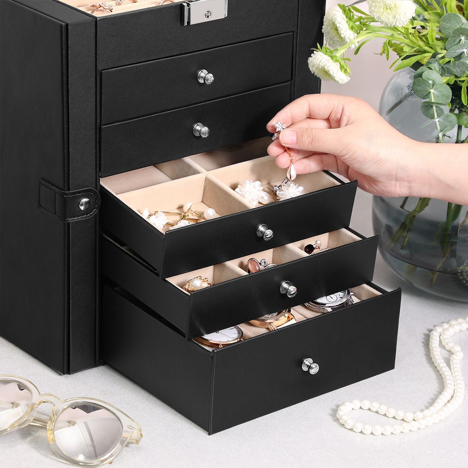 Large Jewellery Box – MDF – White – 6-Tier with Side Wings, Drawers, Mirror, and Clasp