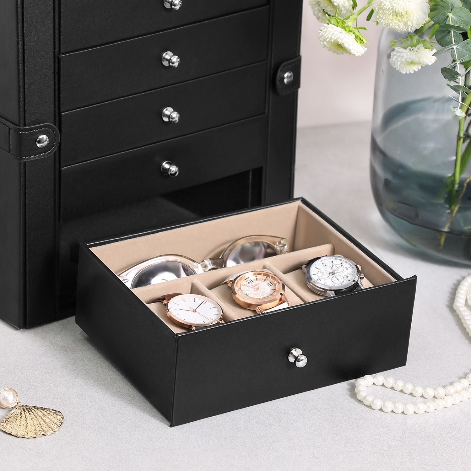 Large Jewellery Box – MDF – White – 6-Tier with Side Wings, Drawers, Mirror, and Clasp