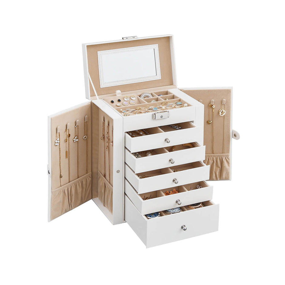 6-Tier Jewellery Box – Wood – White – With Side Wings, Mirror, and Drawers