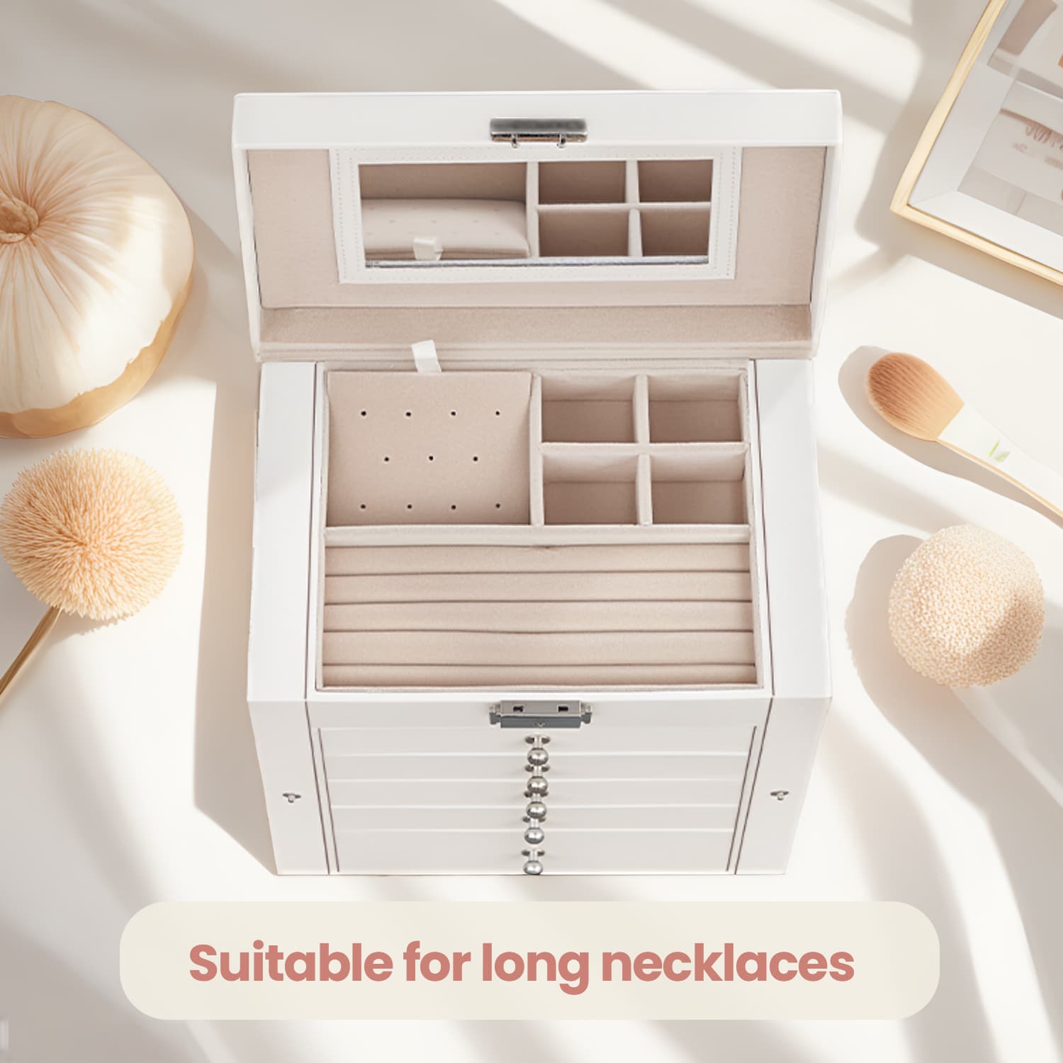 Jewellery Box – Wood – White – 6 Tiers with Mirror and Lockable Design