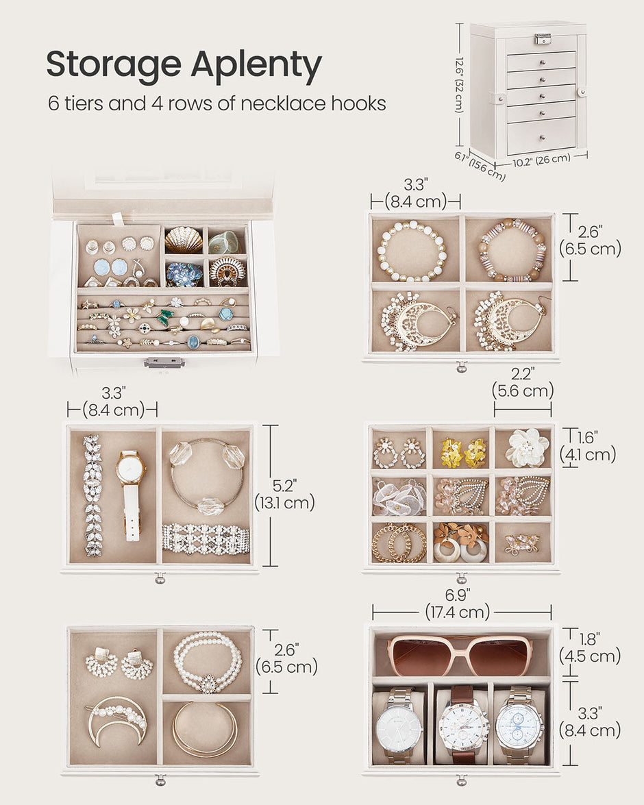 6-Tier Jewellery Box – Wood – White – With Side Wings, Mirror, and Drawers