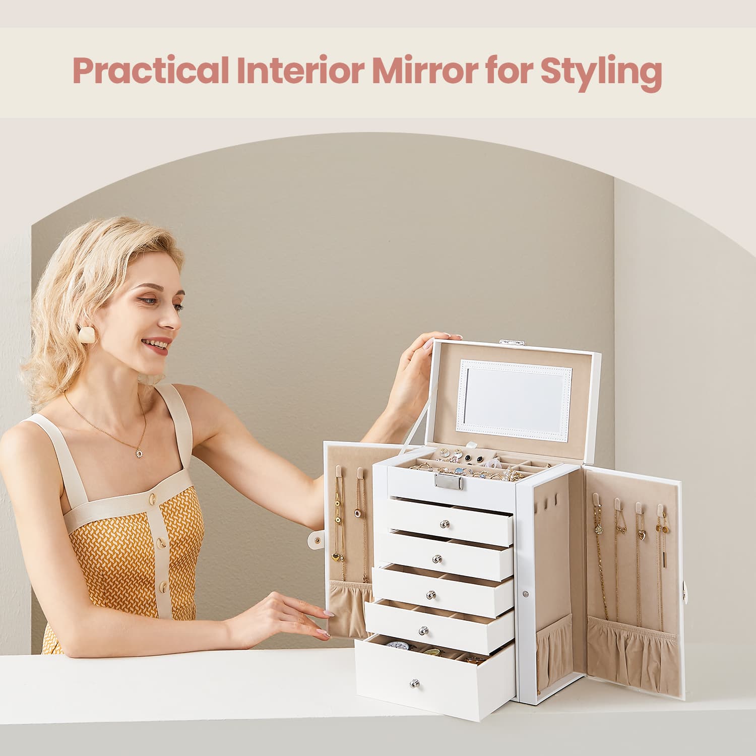 Jewellery Box – Wood – White – 6 Tiers with Mirror and Lockable Design