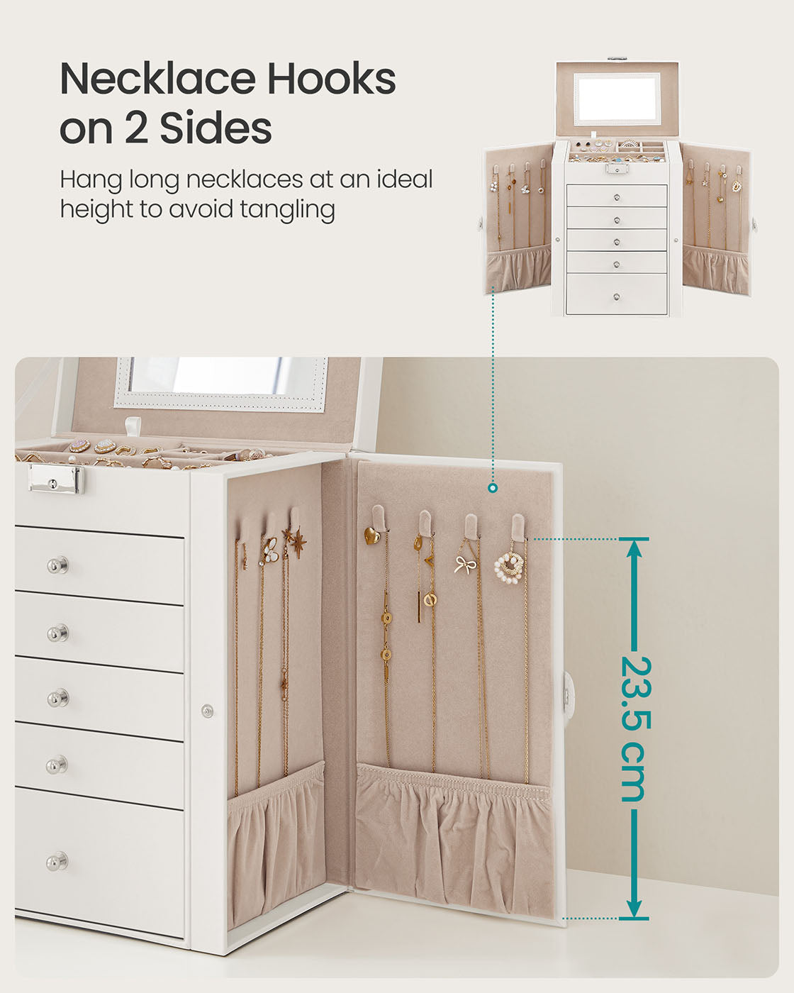 6-Tier Jewellery Box – Wood – White – With Side Wings, Mirror, and Drawers